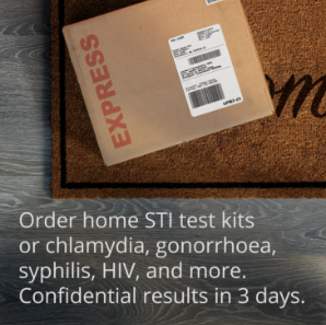 Discreet Express package delivered on a doormat promoting at-home STI test kits for chlamydia, gonorrhoea, syphilis and HIV with confidential results in 3 days 