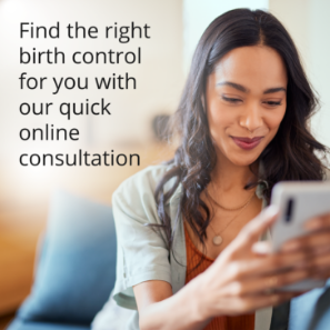 Woman using smartphone for online birth control consultation and contraception prescription service 