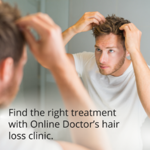 Man checking his hairline in a mirror while promoting an online doctor’s hair loss clinic and treatment services 