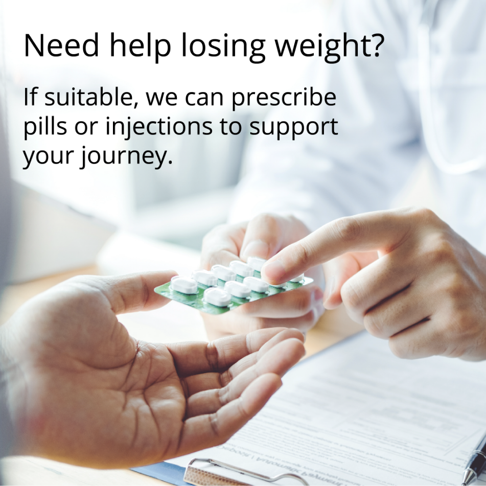 Doctor handing prescription weight loss pills to patient during online healthcare consultation 