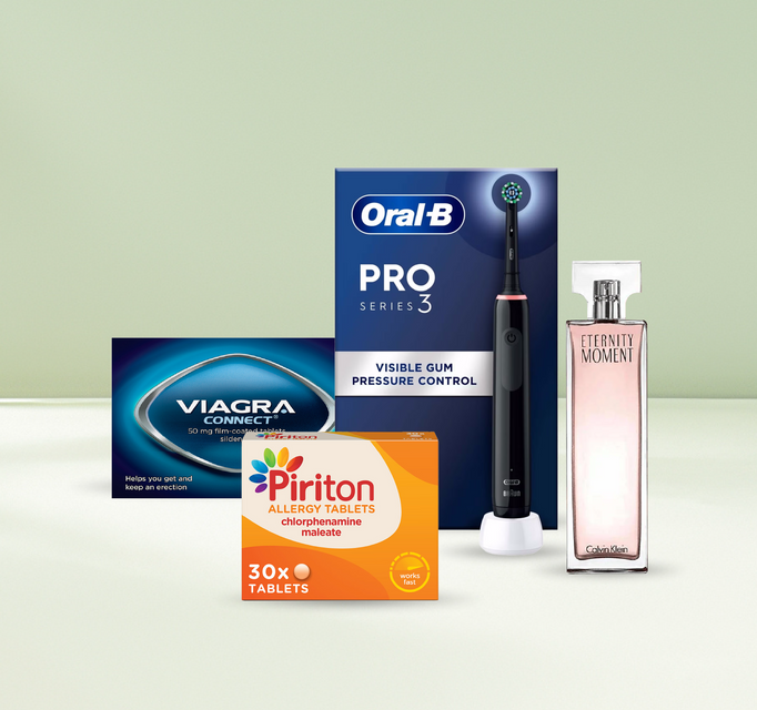 Collection of health and wellness products including Oral-B electric toothbrush, Viagra Connect, Piriton allergy tablets and Calvin Klein perfume on a light green background. 