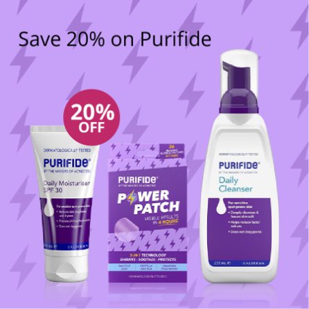 Purifide skincare products, moisturiser, power patch, daily cleanser with 20% off offer on a purple background