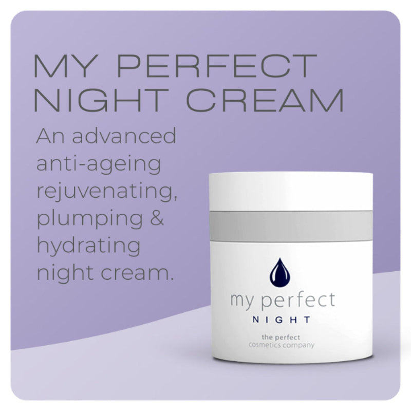 My Perfect Night cream jar with product description on a purple background