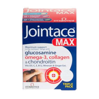 Jointace Max supplement box on a white background, glucosamine, omega 3, collagen, chondoritin