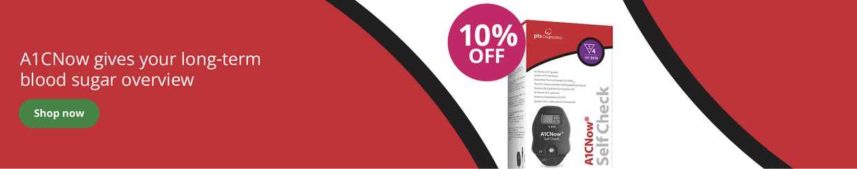 Desktop alt text:
A1CNow blood sugar monitoring kit with 10% off offer and promotional text on a red and white background