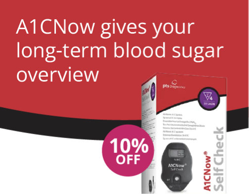 A1CNow Self Check blood sugar monitoring kit with 10% off offer on a red background