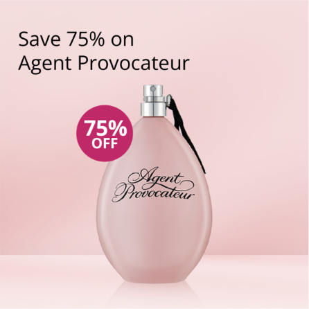 Agent Provocateur perfume bottle with 75% off offer on a pink background