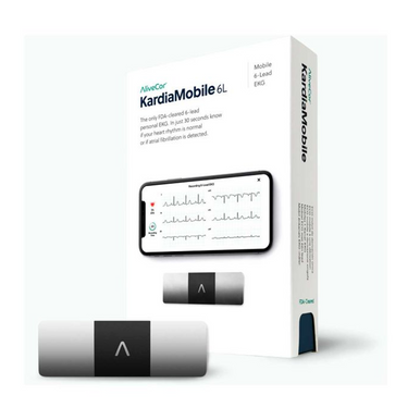 AliveCor KardiaMobile 6L personal ECG monitor with packaging on a white background