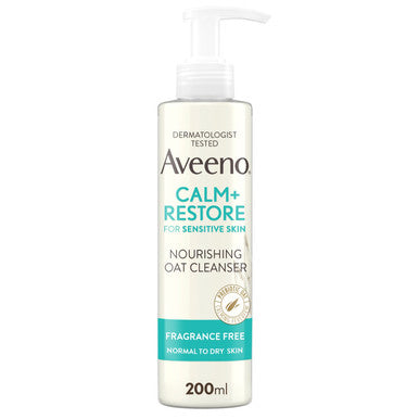 Aveeno Calm and Restore Nourishing Oat Cleanser bottle on a white background