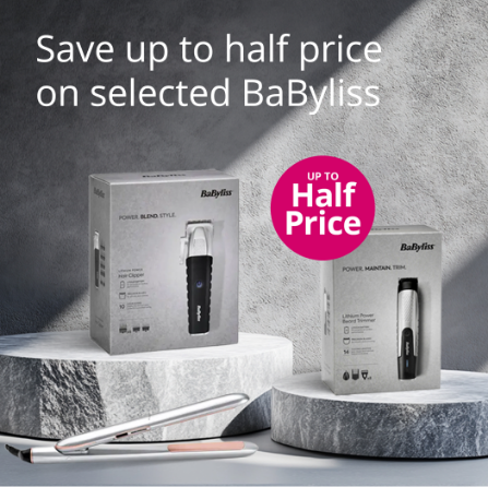 BaByliss hair styling and grooming tools with up to half price offer on a grey background