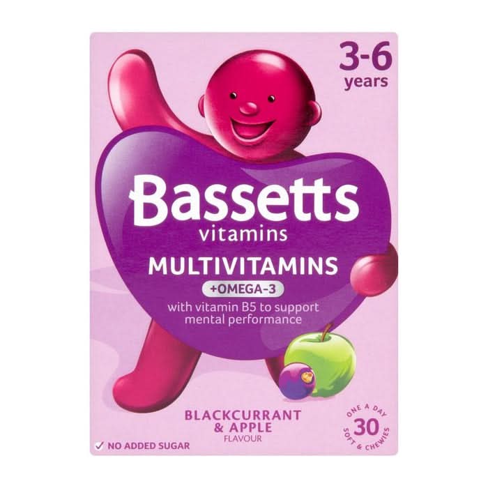 Packaging of Bassetts multivitamins + omega 3 in blackcurrant & apple flavor for children aged 3-6 years, showing the brand logo, a cartoon character, and fruits.