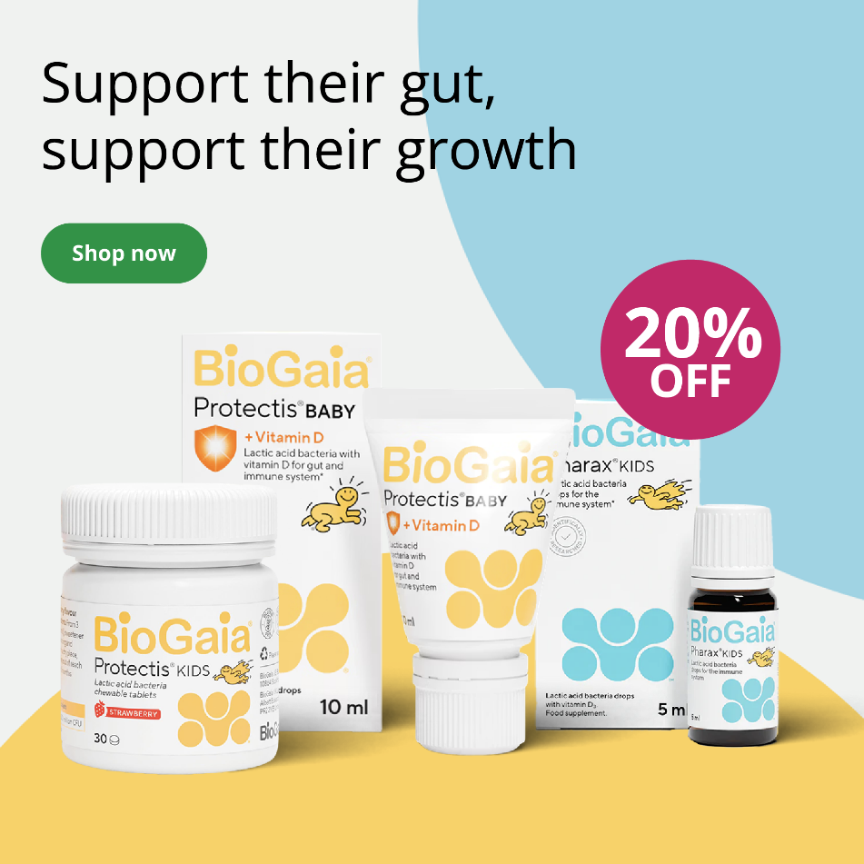 BioGaia children’s health products with promotional text on a yellow and blue background