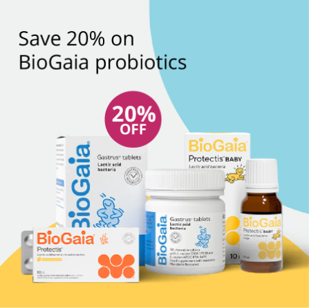 BioGaia probiotics with 20% off offer on a blue and yellow background