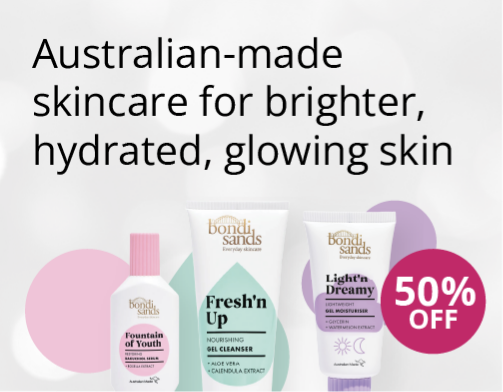 Bondi Sands skincare products with 50% off offer on a pastel background