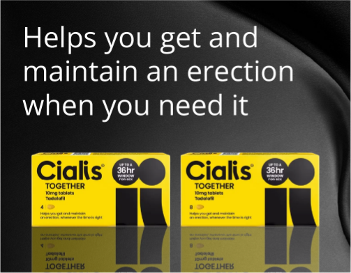 Cialis Together tadalafil tablets with promotional text on a dark background