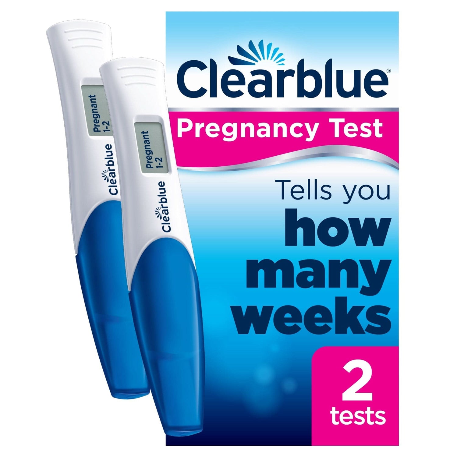 Packaging of Clearblue digital pregnancy test with weeks indicator showing the product and text highlighting the ability to tell the user how many weeks pregnant they are.