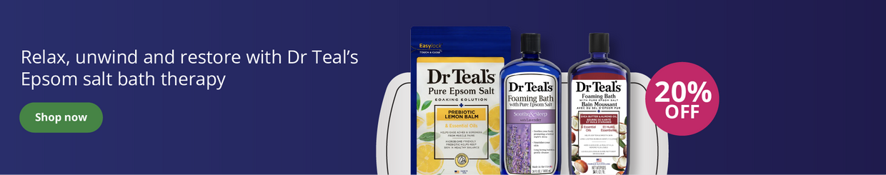 Dr Teal’s Epsom salt bath therapy products with 20% off offer on a purple background
