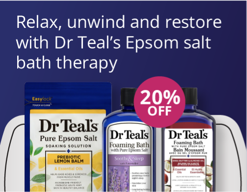 Dr Teal’s Epsom salt bath therapy products with 20% off offer on a purple background