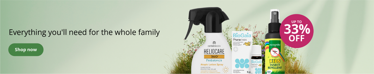 Family health and wellness products including Heliocare, BioGaia and kids insect repellent with up to 33% off offer on a green background