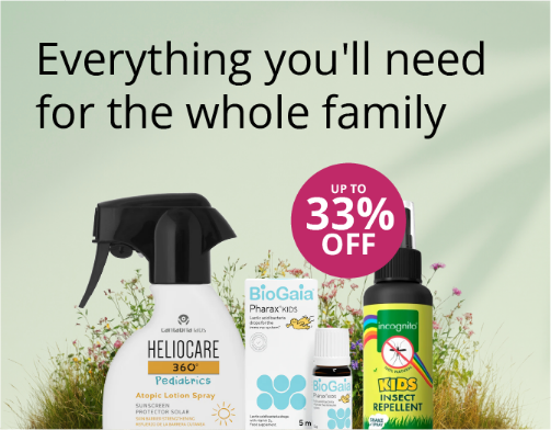 Family health and wellness products including Heliocare, BioGaia and kids insect repellent with up to 33% off offer on a green background