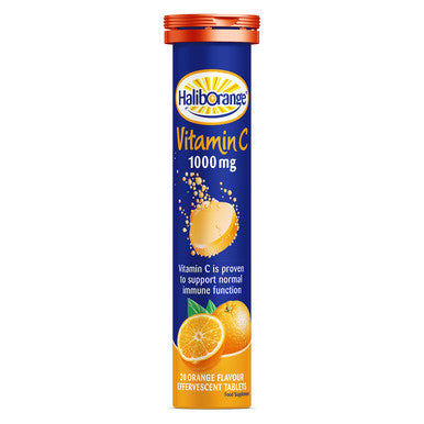 Haliborange Vitamin C effervescent tablets tube on a white background