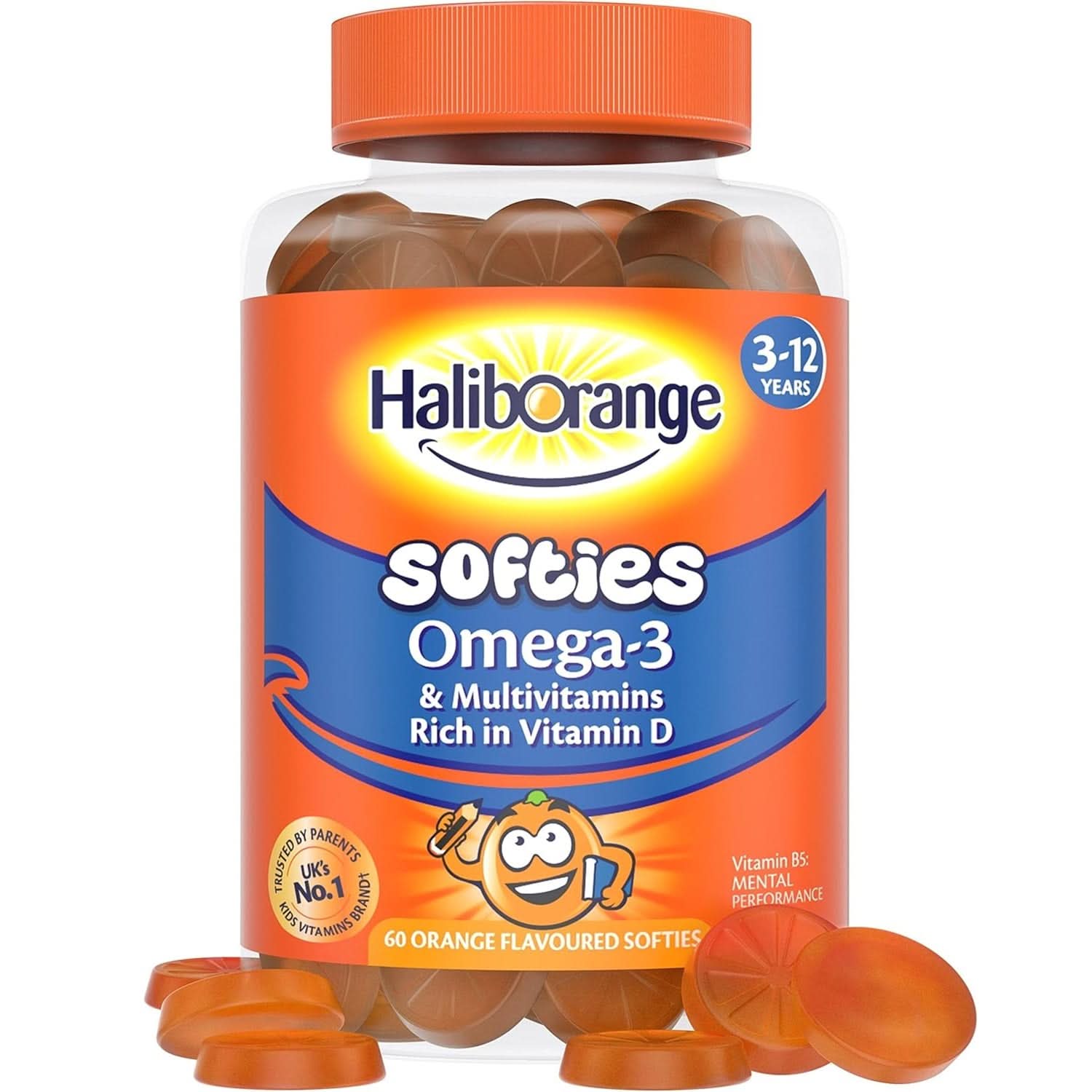 Haliborange Omega-3 & Multivitamins softies bottle with orange cap on a white background