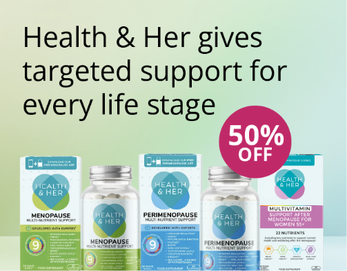 Health & Her menopause support supplements with 50% off offer on a green and blue background