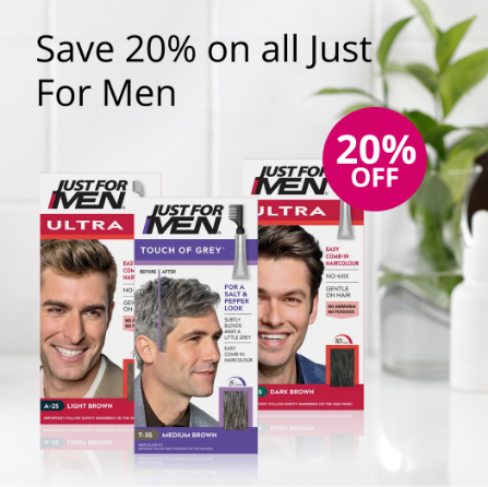 Just For Men hair color packages with a 20% off promotion on a white background.