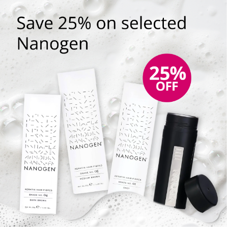 Selected Nanogen hair fibres and styling products with 25% off offer on a textured white background