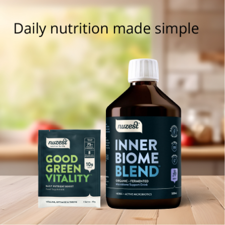 Nuzest Inner Biome Blend and Good Green Vitality on a kitchen counter with 'Daily nutrition made simple' text.