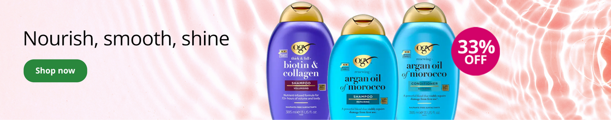 OGX haircare products with 33% off offer and promotional text on a pink water ripple background