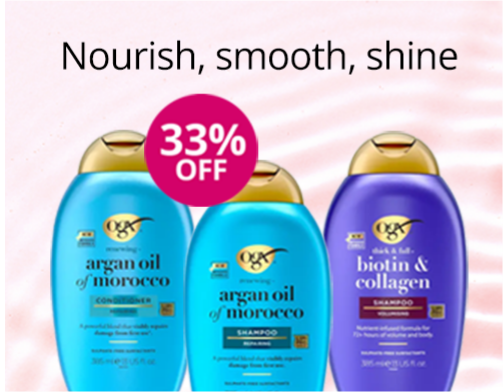 OGX shampoo and conditioner products with 33% off offer on a pink background