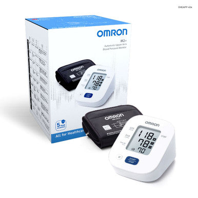 OMRON M2 blood pressure monitor with cuff and packaging on a white background