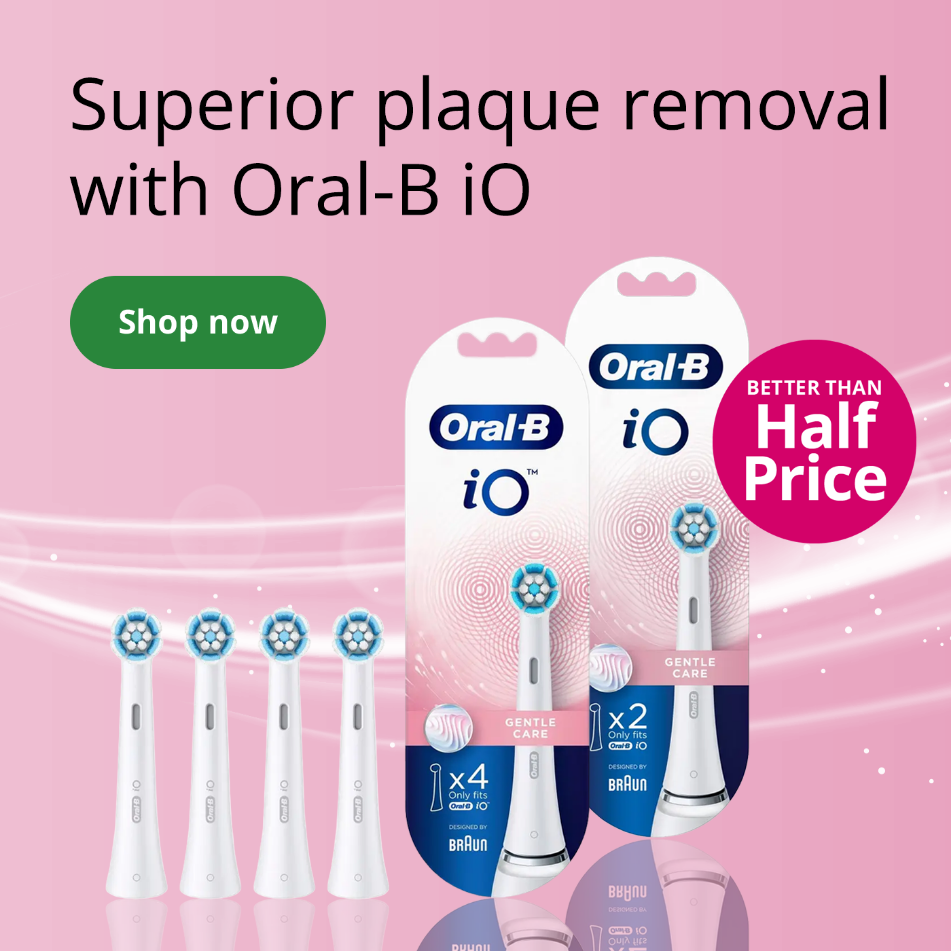 Oral-B iO toothbrush heads with promotional text and better than half price offer on a pink background