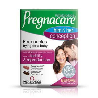 Pregnacare Him & Her fertility supplement box on a white background