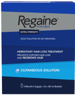 Regaine for men hair loss treatment packaging with blue and gray design