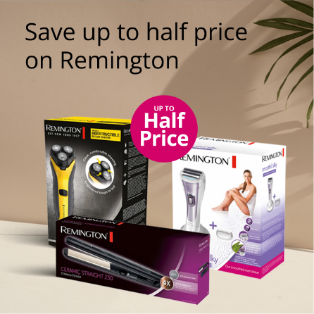 Remington grooming and hair styling products with up to half price offer on a beige background