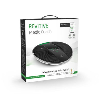 Revitive Medic Coach circulation booster for leg pain relief with product packaging on a white background
