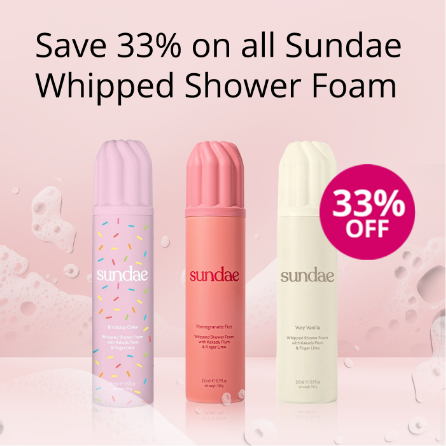 Three bottles of Sundae Whipped Shower Foam with a 33% off label on a pink background.