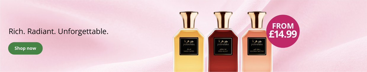 Three Jawhara fragrance bottles with from £14.99 offer and promotional text on a pink background
