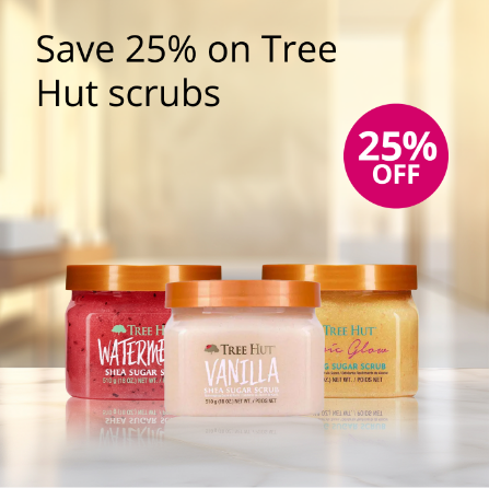 Tree Hut scrubs with a 25% off label on a blurred background