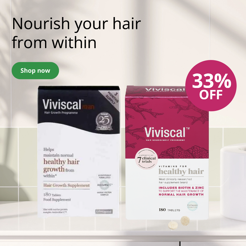 Viviscal hair growth supplements with 33% off offer and promotional text on a neutral background