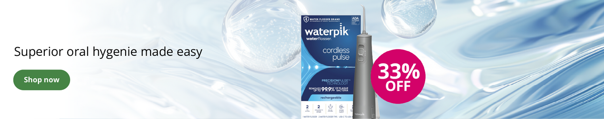 Waterpik cordless water flosser with 33% off offer and oral hygiene promotional text on a blue water background