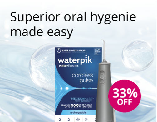 Waterpik cordless water flosser with 33% off offer and oral hygiene promotional text on a blue water background
