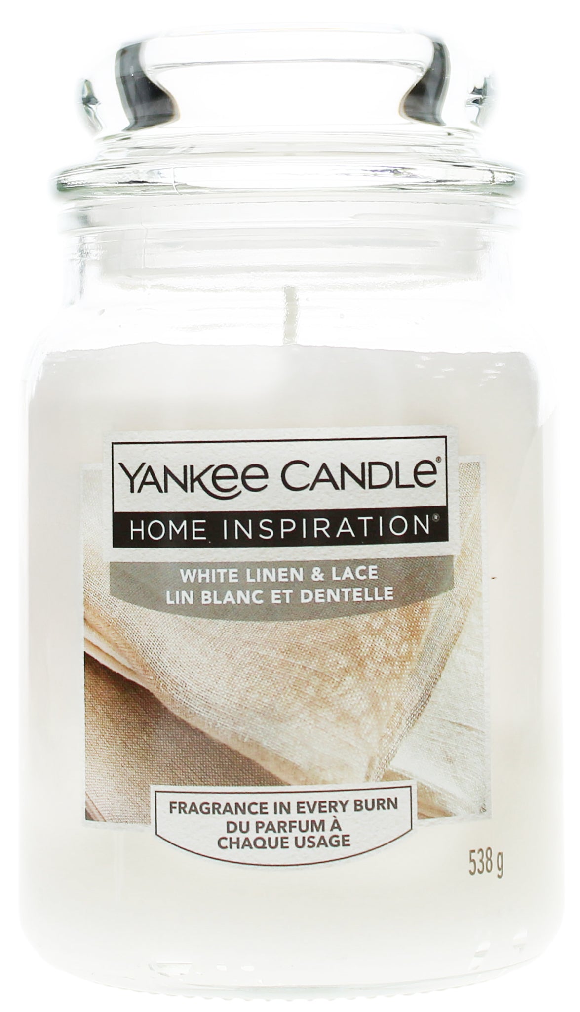 Yankee Candle Home Inspiration White Linen & Lace scented candle jar on a white background